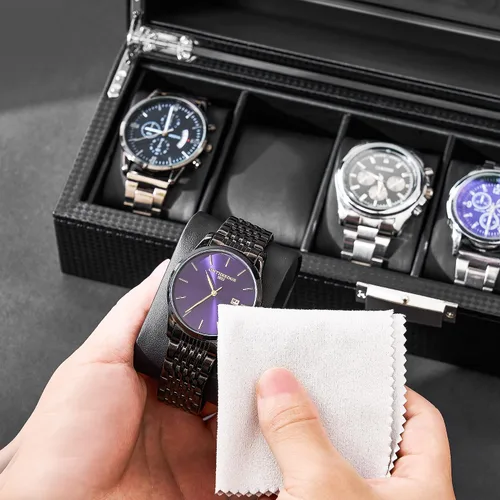 Miniatura 6 de BEWISHOME Caja de reloj para hombres Organizador de reloj con 6 ranuras, funda de reloj, diseño de fibra de carbono, parte superior de vidrio real