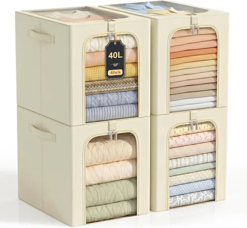 GoMaihe Clothes Storage Bins with Metal Frame, 40L Sweater Storage Boxes for Above Shelf Closet, 4 Pack Stackable Clothing Storage Organizer with