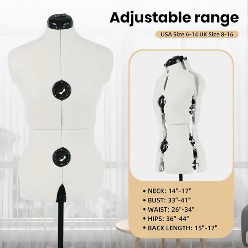 Miniatura 2 de Maniquí de vestido de falda ajustable beige para coser mujeres tallas 6-14, cuerpo de modelo con 13 diales, ruedas desmontables, rango de altura