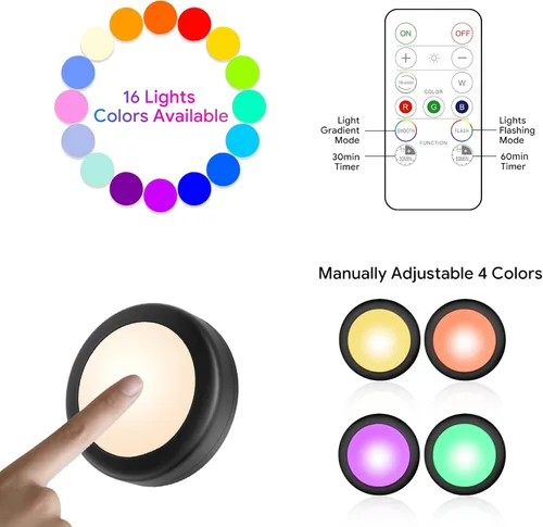 Miniatura 5 de Yiliaw - Paquete de 6 luces LED de disco con control remoto, 16 colores cambiables, iluminación LED debajo del gabinete, luces operadas por Negro