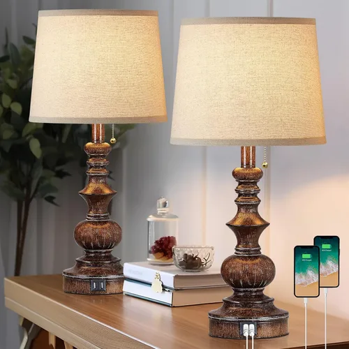 Miniatura 9 de Drawealth Juego de 2 lámparas de mesita de noche de granja de 22 pulgadas para dormitorio, lámparas de mesita de noche con puertos de carga USB A+C