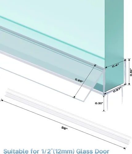 Miniatura 2 de Tira de sellado inferior para puerta de ducha, 2 tiras de sellado, PVC transparente, 36 pulgadas de largo, se adapta a vidrio de 0.47 pulgadas