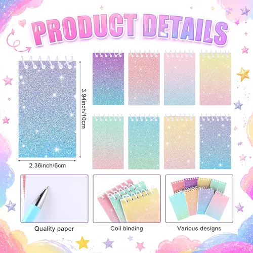 Miniatura 2 de Sherr Juego de 16 bolígrafos y cuadernos con purpurina, mini bloc de notas en espiral, bolígrafos elegantes para niños y niñas, lentejuelas