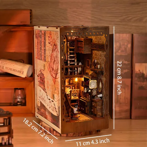 Miniatura 2 de Kit de rincón de libros en miniatura para bricolaje, biblioteca de sueños académicos con luz LED, rompecabezas de diorama de sujetalibros de madera