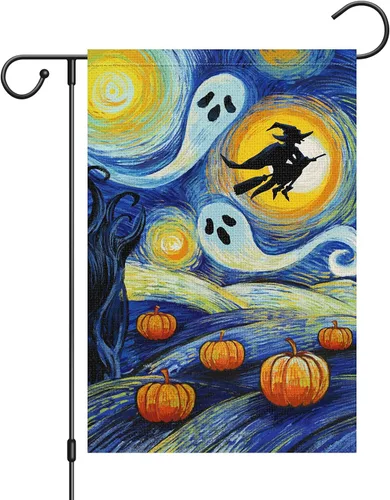 Louise Maelys Bandera de jardín de calabaza de Halloween de 12 x 18 pulgadas, doble cara, arpillera, pequeña, noche estrellada, fantasma, bruja,