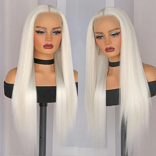 Miniatura 3 de Lovestory Peluca de encaje frontal larga y recta color blanco platino, predepilada, rubio platino, pelucas de encaje frontal sintético para mujeres