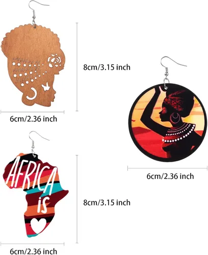 Miniatura 7 de 12 pares de pendientes de madera con mapas africanos y pendientes étnicos naturales