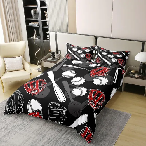 Miniatura 2 de Erosebridal - Juego de funda de edredón 100% algodón con diseño de béisbol, tamaño individual, juego de ropa de cama de sóftbol, bate deportivo