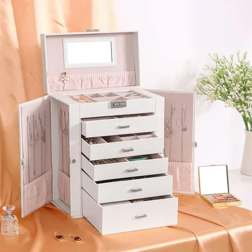 Miniatura 8 de ANWBROAD Enorme caja de joyería de 6 niveles organizador de joyas con cerradura de espejo caja de joyería para niñas aretes anillos collares