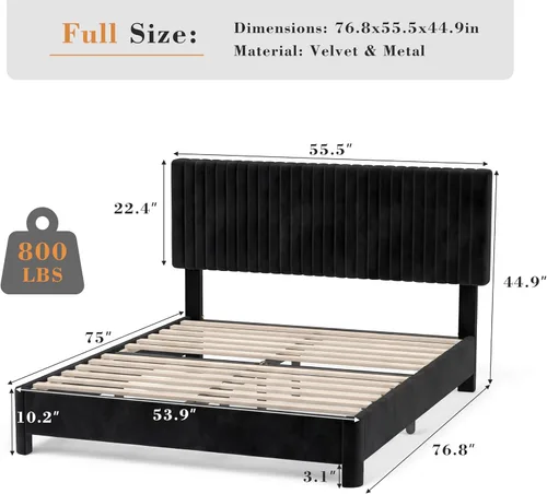 Miniatura 2 de Vipbear Base de cama de tamaño matrimonial con heaboard, marco de cama tapizado de terciopelo de lujo con soporte de listones de madera, bajo