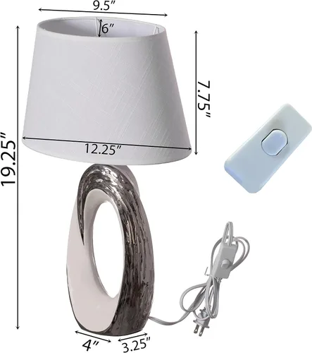 Miniatura 4 de Quickway Imports Lámparas de mesa de diseño, lámpara de mesa decorativa de cerámica de 19 pulgadas, con soporte ovalado plateado y blanco y pantalla