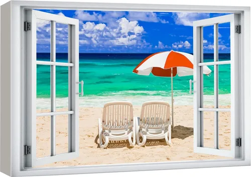 Miniatura 59 de wall26 - Cuadro en lienzo para pared, vista de ventana, atardecer neón, cielo, palmera tropical, playa, naturaleza, desierto, fotografía, realismo