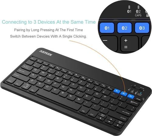 Miniatura 2 de Arteck HB220B Universal Retroiluminado 7 colores y brillo ajustable Multi-dispositivo delgado portátil inalámbrico Bluetooth 3.0 teclado para iOS