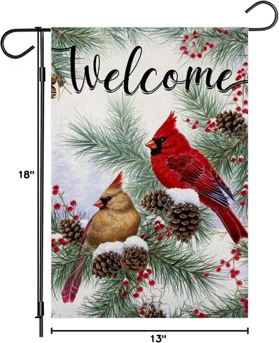 Miniatura 9 de Banderas de jardín de invierno de bienvenida para decoración exterior, bandera de patio pequeño con ramitas de pino cardenal, decoración de Navidad