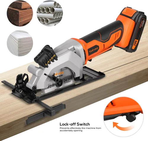 Miniatura 6 de Yunirvana Mini sierra circular, sierra circular inalámbrica profesional de 20 V 3400 RPM, ángulo y profundidad ajustables, profundidad de corte