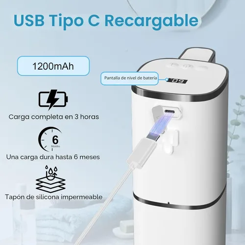 Miniatura 6 de OHIFAST Dispensador automático de jabón espumoso sin contacto, dispensador de jabón de manos inteligente recargable por USB, 9 niveles ajustables