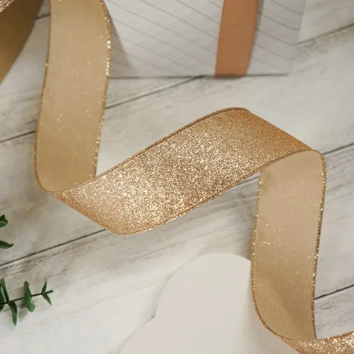 Miniatura 8 de Cinta de alambre con purpurina de 1,5" x 10 yardas dorada (oro champán) para decoración navideña del hogar, arcos, envoltorios de regalos