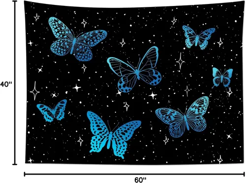 Miniatura 10 de HVEST Tapiz de mariposa para decoración de habitación, mariposas azules de fantasía en cielo estrellado, tapiz para colgar en la pared, tapiz negro