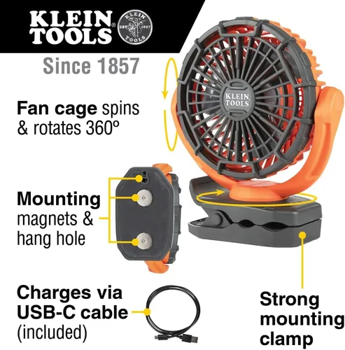 Miniatura 2 de Klein Tools PJSFM1 Ventilador recargable inalámbrico con cable de carga USB-C y múltiples opciones de montaje, perfecto para el lugar de trabajo