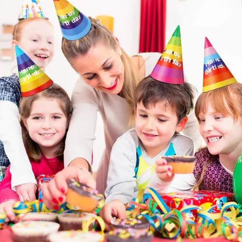 Miniatura 6 de Boao 20 sombreros de fiesta de cumpleaños arcoíris con pancarta de feliz cumpleaños, sombreros de cono coloridos para adultos y niños pequeños