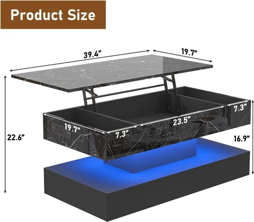Miniatura 2 de chartustriable Mesa de Centro Grande de 39.4" con Tapa Elevable y Estación de Carga, Mesa Central LED Moderna de Alto Brillo con Compartimento