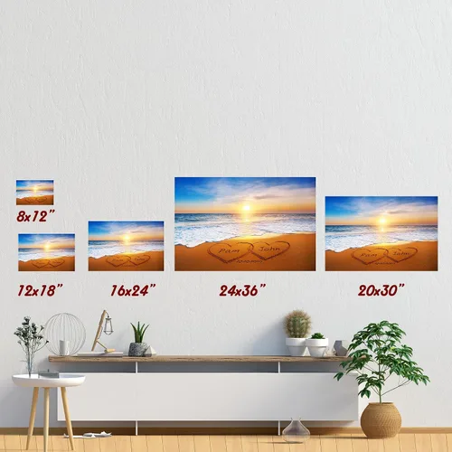 Miniatura 6 de Corazón y corazón en hermoso amanecer fotos personalizadas únicas o impresiones en lienzo con nombres de pareja y fecha especial en la playa, regalo