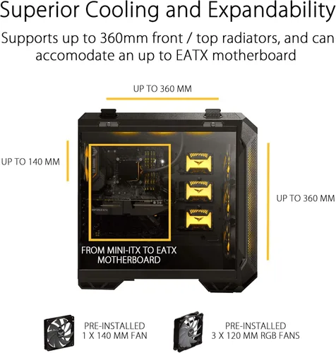 Miniatura 3 de ASUS TUF Gaming GT501 - Funda para juegos de torre media, soporte EATX, 4 ventiladores preinstalados, panel frontal USB 3.0, vidrio templado