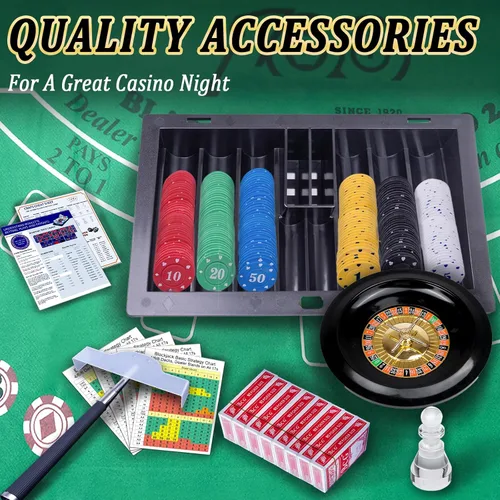 Miniatura 4 de Set de Juego de Casino Premium 5 en 1: Kit de Juego de BlackJack/Ruleta/Dados/Texas Holdem/Póker con 360 Fichas+8 Mazos de Cartas+Rueda de Ruleta+2
