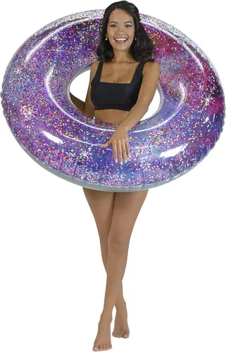 PoolCandy Tubo de piscina Galaxy Glitter de 48 pulgadas – Anillo de natación inflable jumbo para espacio profundo con purpurina holográfica rosa y