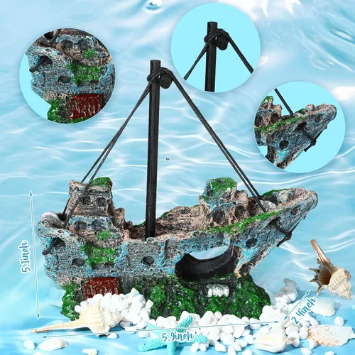 Miniatura 5 de Wenqik Decoraciones de Acuario Grandes, Naufragio Hundido de Resina, Cofre del Tesoro Submarino, Ruinas de Castillo Antiguo Túnel Casa, Plantas