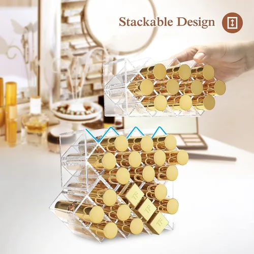 Miniatura 4 de Paquete de 3 soportes para lápices labiales, 30 espacios, acrílico, apilables, con forma de pez, soporte de exhibición de brillo de labios
