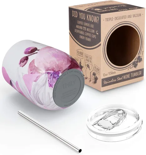 Miniatura 4 de THILY Vaso de vino de acero inoxidable aislado con tapa y popote sin tallo, a prueba de salpicaduras, linda taza de viaje para café, cócteles, Flor