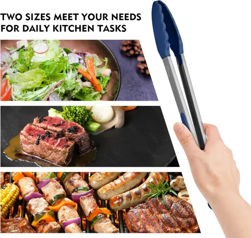 Miniatura 6 de HOTEC Pinzas de cocina premium de acero inoxidable con bloqueo y puntas de silicona, juego de 2-9" y 12", azul clásico Paquete de 2: azul clásico
