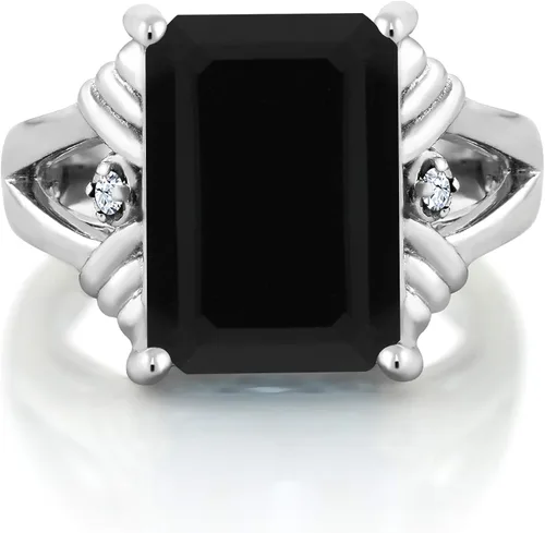 Miniatura 2 de Gem Stone King Anillo de compromiso de mujer de plata de ley 925 con ónix negro y zafiro blanco 739 quilates de piedras preciosas de corte esmeralda