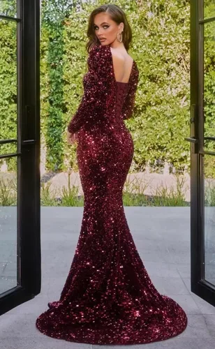 Miniatura 4 de Vestidos de fiesta de sirena de manga larga con lentejuelas y abertura, cuello en V brillante, vestidos de fiesta formales para mujer con cola