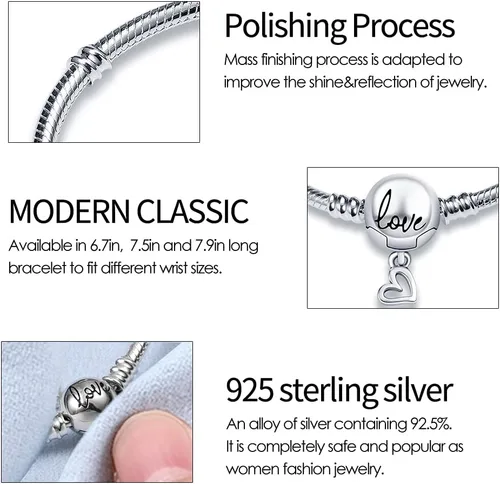 Miniatura 5 de KUNSIR Pulsera de plata de ley 925 con cadena de serpiente con hebilla redonda de amor, pulseras para mujeres y adolescentes