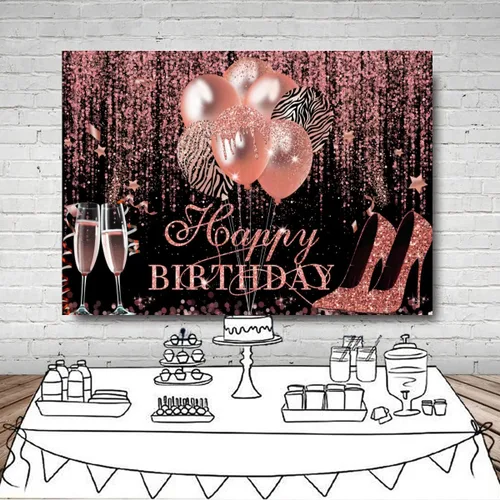 Miniatura 4 de Sensfun Telón de fondo de feliz cumpleaños con purpurina oro rosa y negro, decoración de cumpleaños, tacón champán, fondo de fotografía para mujeres