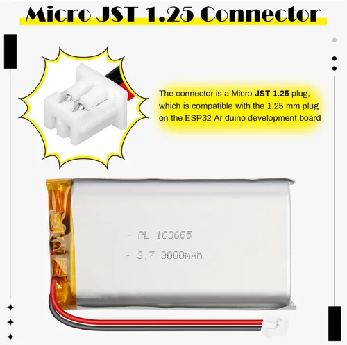 Miniatura 4 de 103665 3.7V 3000mAh LiPo Batería - Batería recargable de polímero de litio con placa de protección y conector Micro JST 1.25 para dispositivo