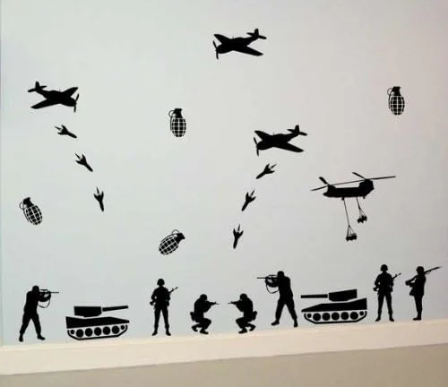 Paquete de guerra del ejército adhesivo de pared soldado tanque aviones bombas artillería niño niño adolescente América patriótica