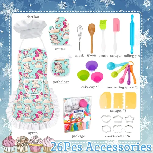 Miniatura 2 de KAEGREEL Juego de chef para hornear para niños con delantal de unicornio y manopla, 26 piezas de juguetes de cocina para niños, juego de cocina