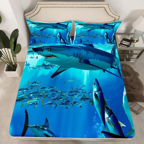 Miniatura 12 de Sábana bajera ajustable de tamaño individual para niños, diseño de animales marinos náuticos, juego de ropa de cama coral bajo el mar, juego de ropa