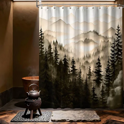 Miniatura 16 de Cortina de ducha azul marino de bosque Cortina de ducha azul oscuro de montaña y naturaleza para decoración de baño de hombres, tela impermeable