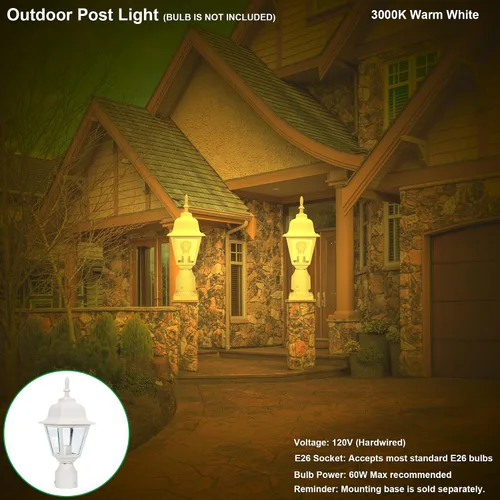 Miniatura 6 de LIT-PaTH Farol de poste de iluminación al aire libre, base mediana E26 máximo de 60 W, carcasa de aluminio más vidrio transparente, bombilla