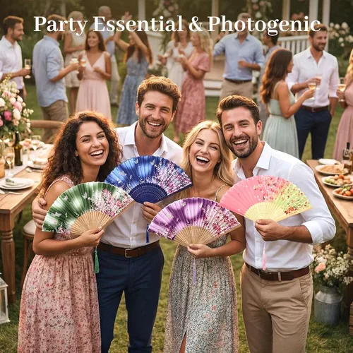 Miniatura 4 de JOHOUSE 4 abanicos plegables de tela floral con borla, elegantes abanicos de boda para invitados, ventilador plegable chino, ventilador de mano