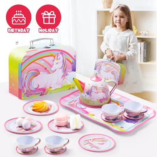 Miniatura 8 de JOYIN Juego de fiesta de té de unicornio para niñas pequeñas, juego de tetera de lata rosa, juguete de cocina con tetera, taza, plato, estuche