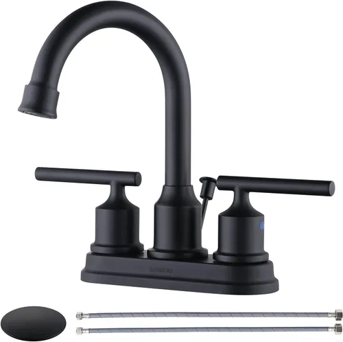 Miniatura 9 de WOWOW Grifo de baño de 2 manijas de bronce aceitado grifo de lavabo de baño de 3 agujeros con drenaje emergente y mangueras de suministro grifo
