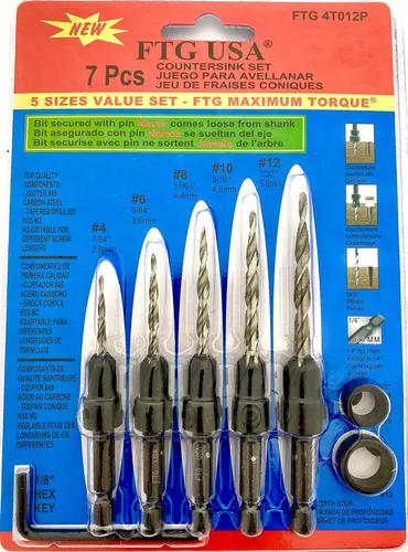 Miniatura 8 de FTG USA Juego de brocas avellanadoras de madera ajustable, 5 piezas, broca avellanadora #4 #6 #8 #10 #12 con broca cónica para carpintería