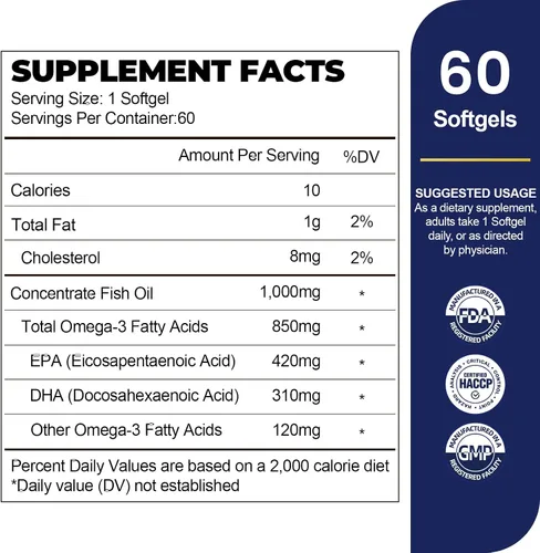 Miniatura 2 de Suplemento concentrado de aceite de pescado Omega 3 -1000 mg - con EPA 420mg y DHA 310mg - Apoya la salud del corazón, cerebro y articulaciones