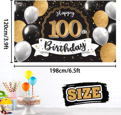 Miniatura 2 de Decoración de feliz cumpleaños número 100, globo negro y dorado número 100, cartel de fondo grande de cumpleaños – Decoración de fiesta