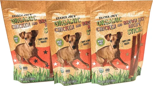 Trader Joe's Puppy Dog Treats - Palitos de receta de arroz integral con pollo orgánico, sin trigo, 5 onzas, 3 bolsas
